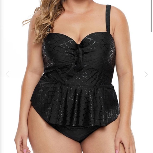 Mermaid Shiny Scales Bustier Peplum Tankini Top High waist Swimsuit Set NWOT 2X - Picture 1 of 16